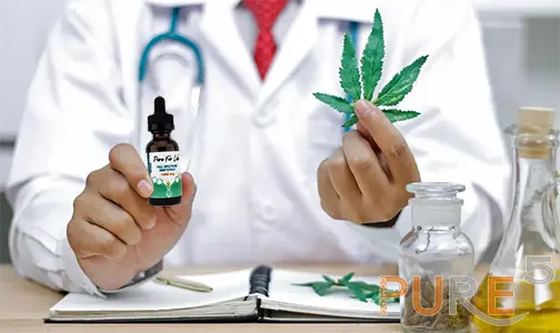Doctor approving Pure For Life cannabidion oil made by PURE with a bottle of cbd oil and a canna leaf.