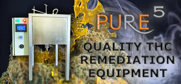 banner showing 1 of the thc machines of Pure5 extraction company and some cannabinoid terpenes cbd oil withs smoke in the background