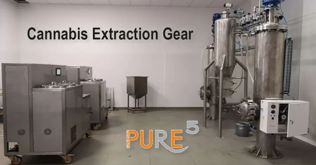 a picture an industrual facility with cannabis extraction machines and post processing units. Its Pure5's facility