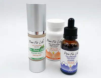 a variety of products with brand name Pure For Life made from full spectrum cannabis oil extracted by solventless Pure5 extraction method
