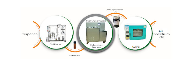  graphic of the simplified Pure 5 extracting process including a graphic from left to right with terpenes, distillation unit, live resin in a jar, our most potent extraction machine symbolizing the extraction process, the full spectrum oil in a jar, the curing with one of our vacuum ovens and in the end the full spectrum oil with only text.