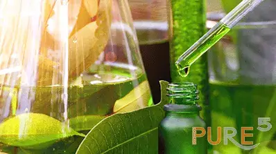 extract from plants in a glass bottle with a natural background with green leaves in a lab