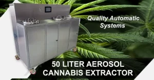 50l Cannabis Aerosol Extractor Banner with the equipment and some words on top + some hemp leaves spreaded around
