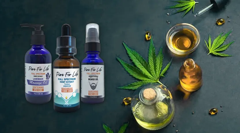 Photo banner with 3 of Pure For Life's bestseller CBD Full Spectrum oils, some cannabis leaves and jars full with pure extract