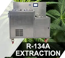 banner with cannabis on the background and R-134a extraction equipment upfront