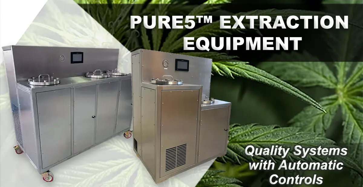 banner with 2 cannabis extractor machines and marijuanna leaves on the background presenting our top of the line R-134A refinement systems for canna flowers