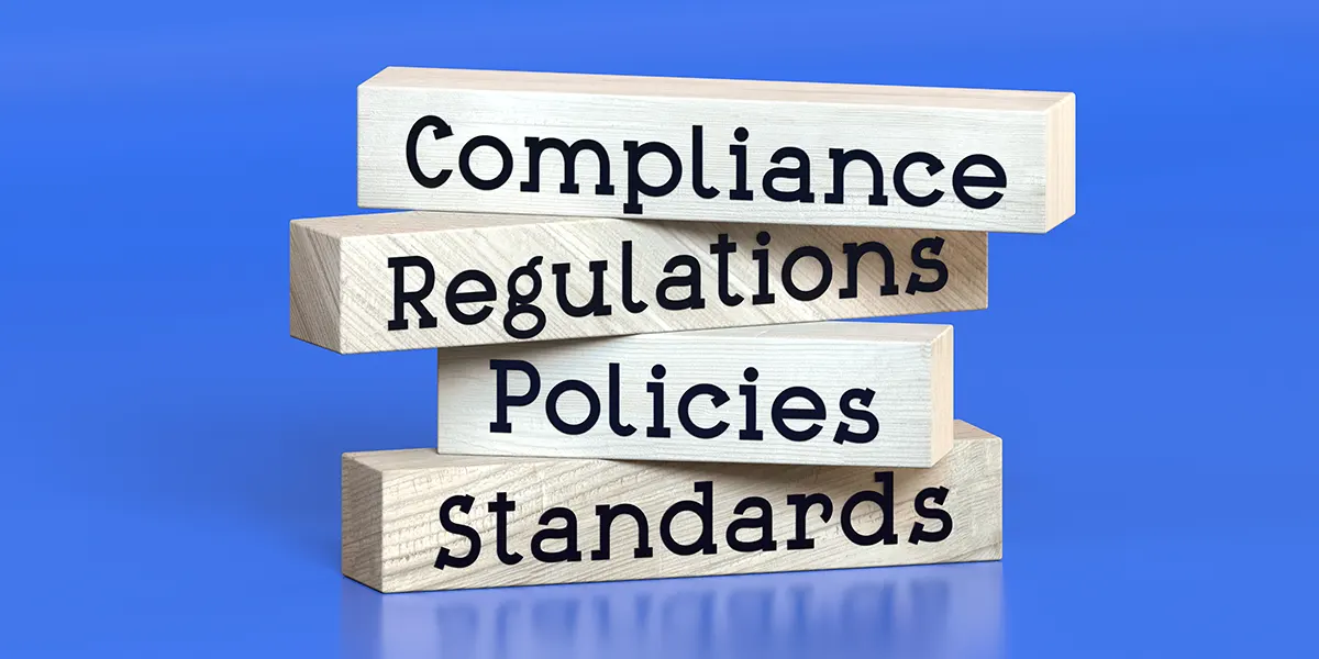 Banner with inscriptions: compliance, regulations, policies and standards