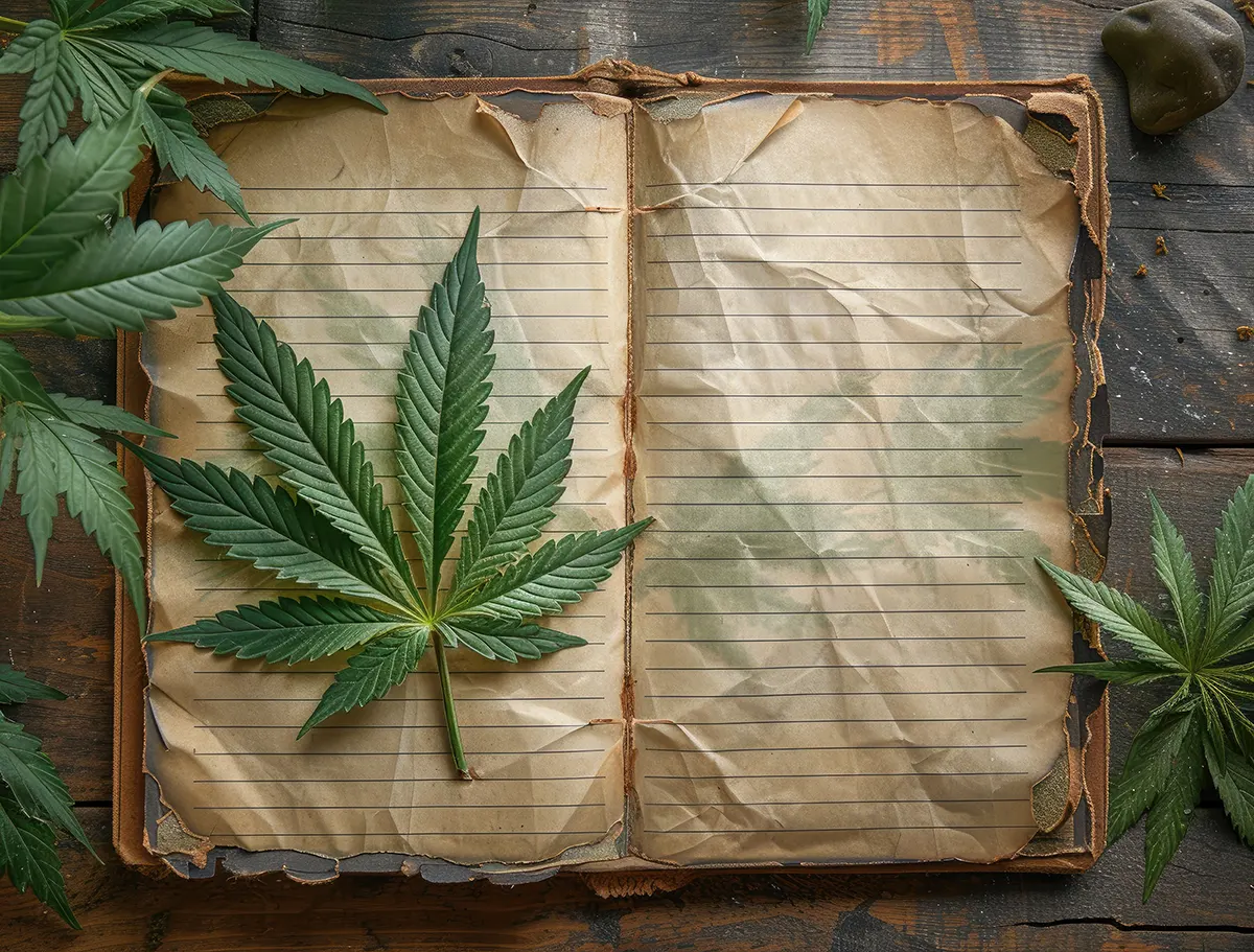 Hemp leaves on an old notebook