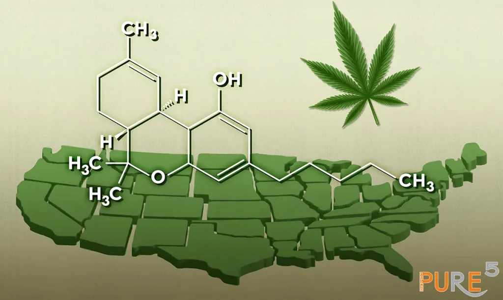 Cannabidiol States Laws represented visually with green map and CBD formula infront of it