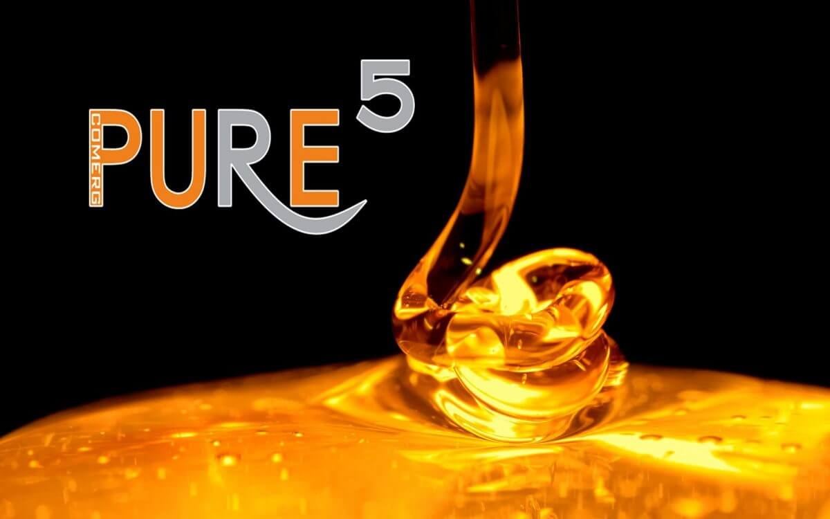 a logo of the pure5 company with some cbd terpene pouring at the background