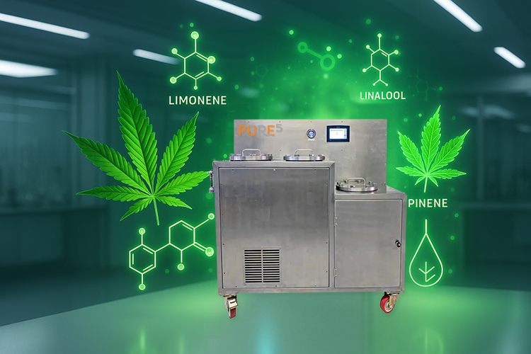 PURE5™ R134a cannabis extraction machine with 99% terpene preservation – featuring limonene, linalool, and pinene molecules