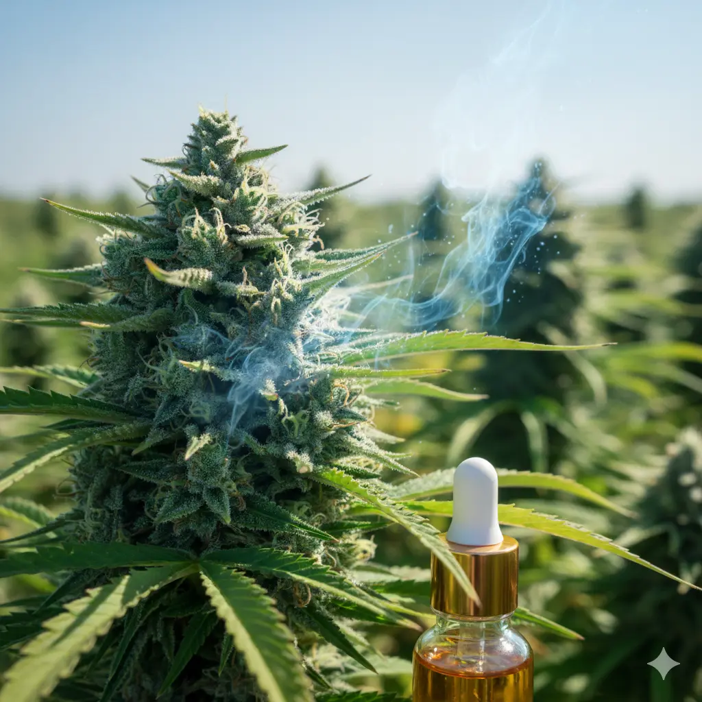 Cannabis plants, flowers and small bottle with hemp extract.