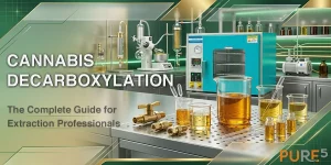 Decarboxylation – The Complete Guide for Extraction Professionals Cannabis decarboxylation laboratory setup with vacuum oven, golden cannabis oil in beakers, and extraction equipment in professional facility