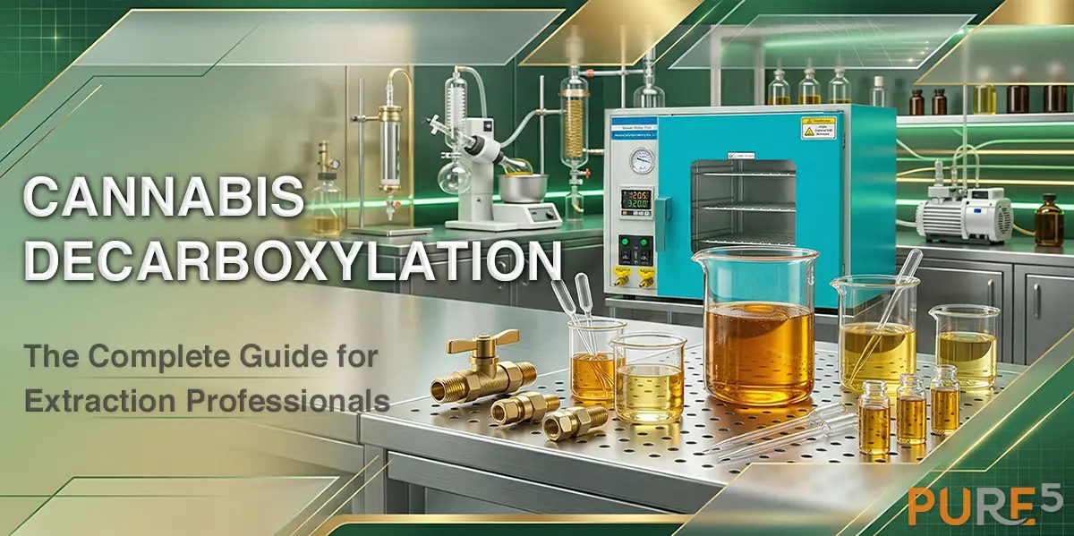 Decarboxylation – The Complete Guide for Extraction Professionals Cannabis decarboxylation laboratory setup with vacuum oven, golden cannabis oil in beakers, and extraction equipment in professional facility