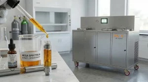 What Is Aerosol Extraction PURE5™ 50L aerosol extraction system for cannabis oil production with a Mega Spectrum extract bottle in a laboratory setting.