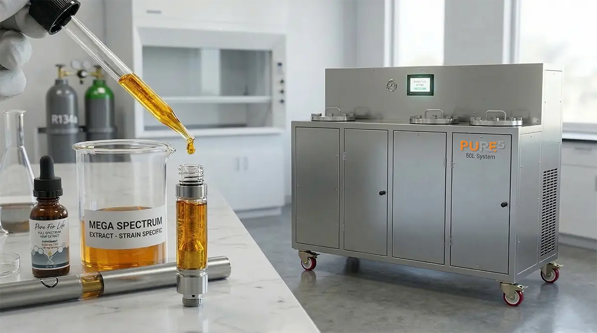 What Is Aerosol Extraction PURE5™ 50L aerosol extraction system for cannabis oil production with a Mega Spectrum extract bottle in a laboratory setting.